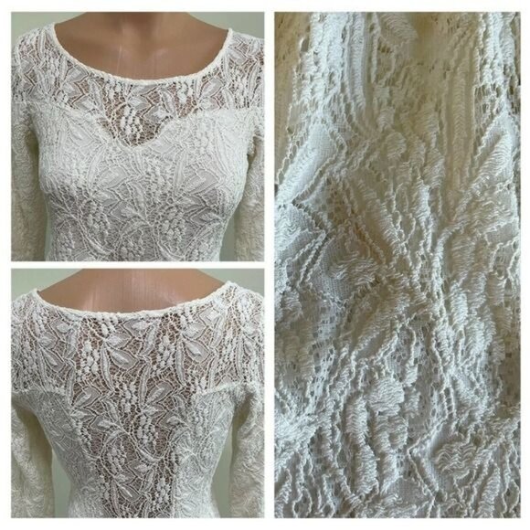Free People Shake it Up Crochet Lace Illusion Neck Dress Small Bohemian Ivory - Picture 3 of 9